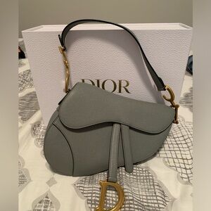 New, Dior Saddle Bag in pebbled gray leather + guitar strap